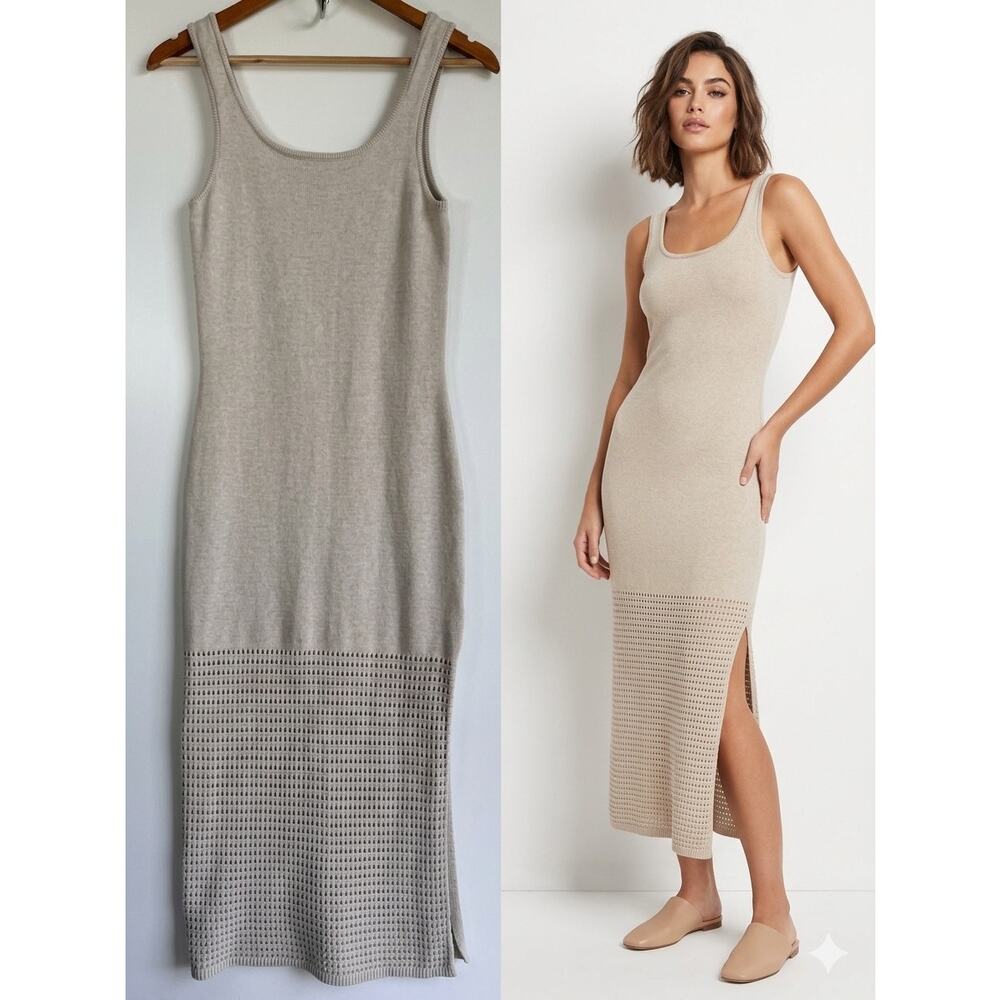 Knit Maxi Dress Beige Small Crochet Hem Sleeveless Neutral Boho Coastal Style